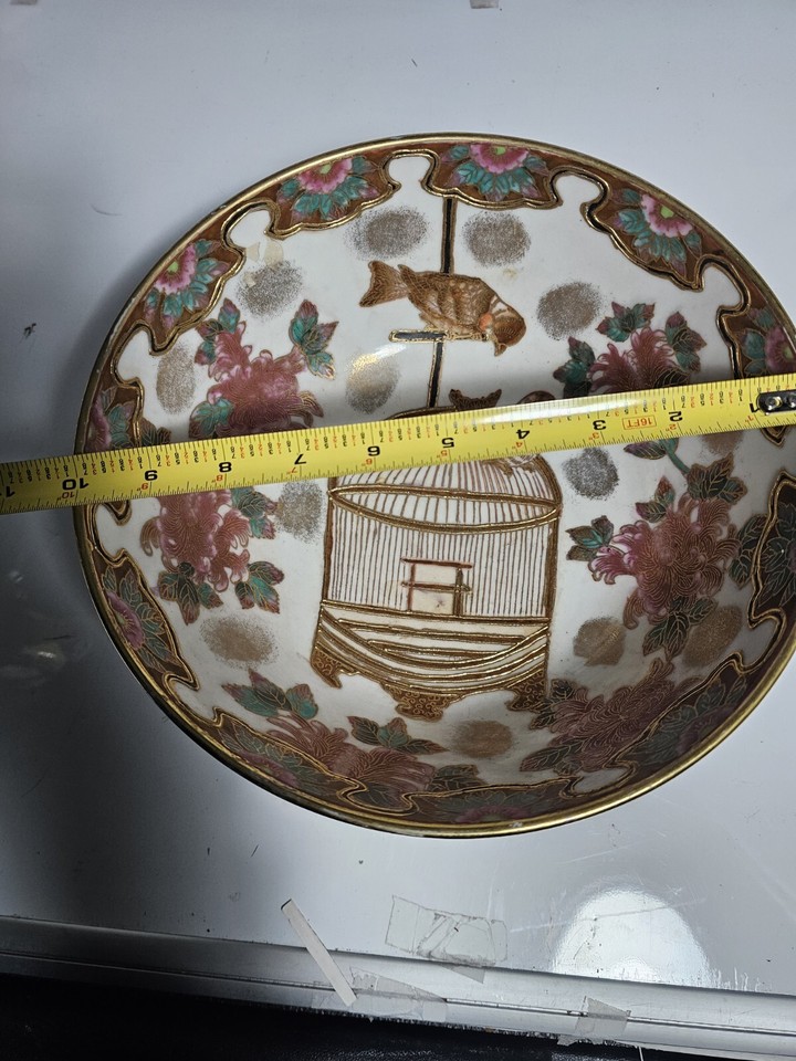 Antique Hand Painted Bird & Cage Large 10" Porcelain Punch Bowl