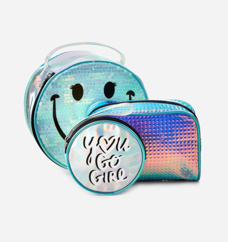 NWT Justice Girls Holographic Smile Travel Pouch 3-Pack Make-up Bag Case - Afbeelding 1 van 3