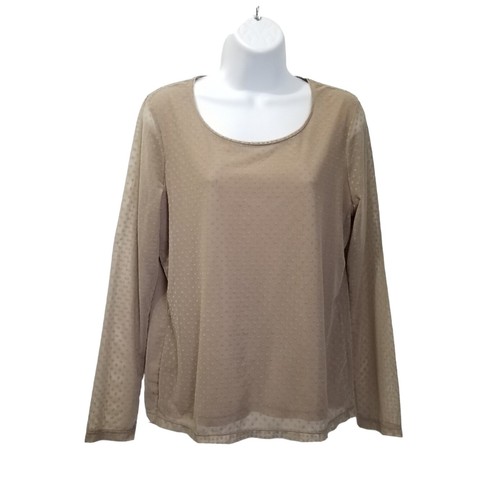 Chicos Size 1 US 8 M Top Long Sleeve Swiss Dot Beige Brown Sheer Tank Lining