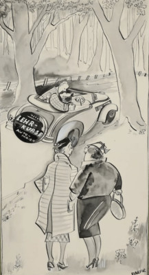 The driving lesson, ink drawing by Max Bauer, design, flying leaves Mün...