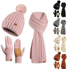 Winter Beanie Fleece Lined Pom Pom Hat Long Scarf Touchscreen Gloves for Women