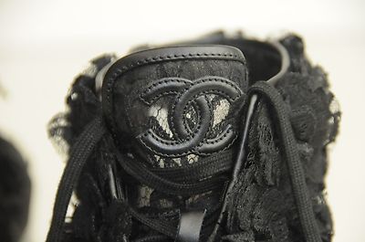 $2395 New Chanel CAMELLIA FLOWER MESH LACE BLACK HI TOP Sneakers