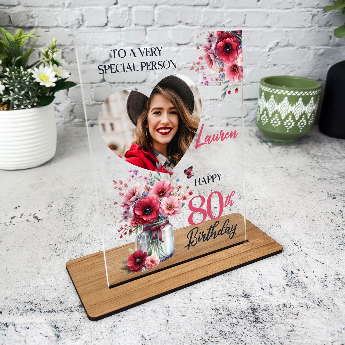 80th Birthday Gift For Her Pink Flowers Jar Heart Photo