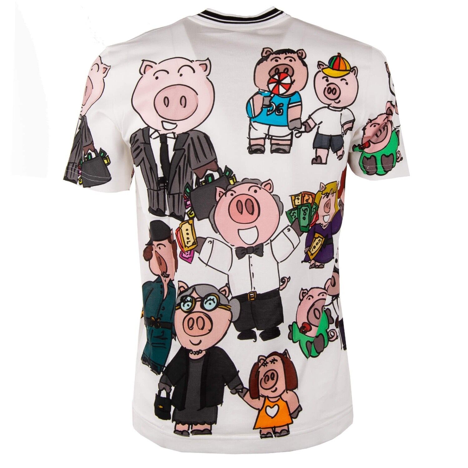 DOLCE & GABBANA Pigs Printed Cotton T-Shirt with Logo Sticker White 11066