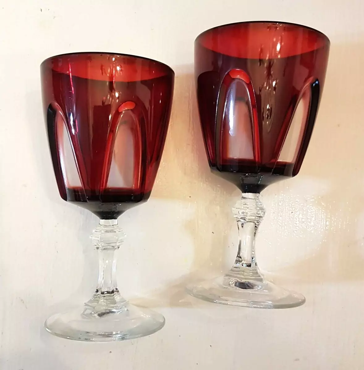 Perigold French Wine Goblet Ruby Red Crystal Stem Moroccan Room Water Glass  LOT