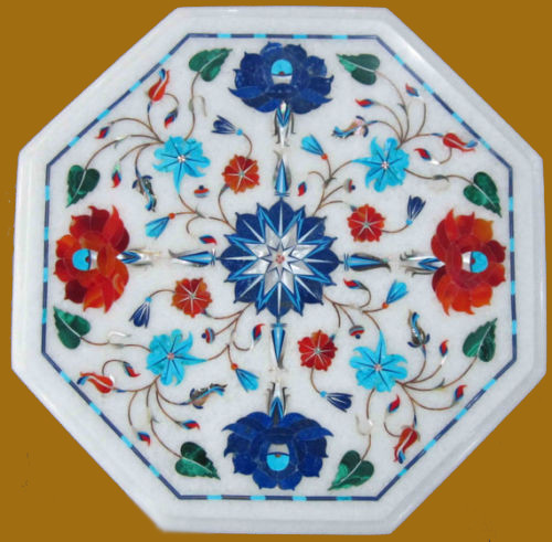 12 Inch Marble Coffee Table with Lapis Semi Precious Stone Floral Inlay Home Decor