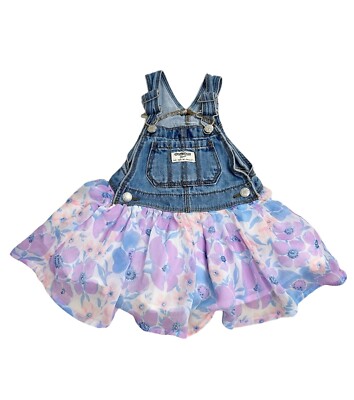 OshKosh B'gosh Jumper Dress Baby Girl Floral Denim Size 9-12 Months Pre-owned