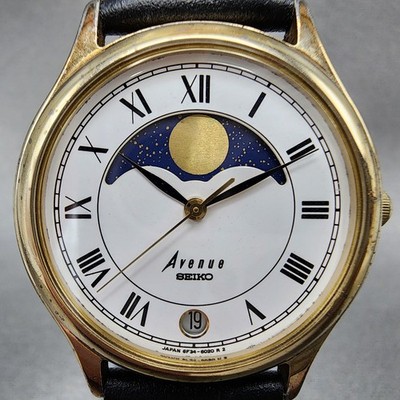 SEIKO セイコーアベニューゴールドムーンフェイズ メンズ ヴィンテージ腕時計 Seiko Avenue Watch Men 32mm White Dial Gold Tone MoonPhase Date