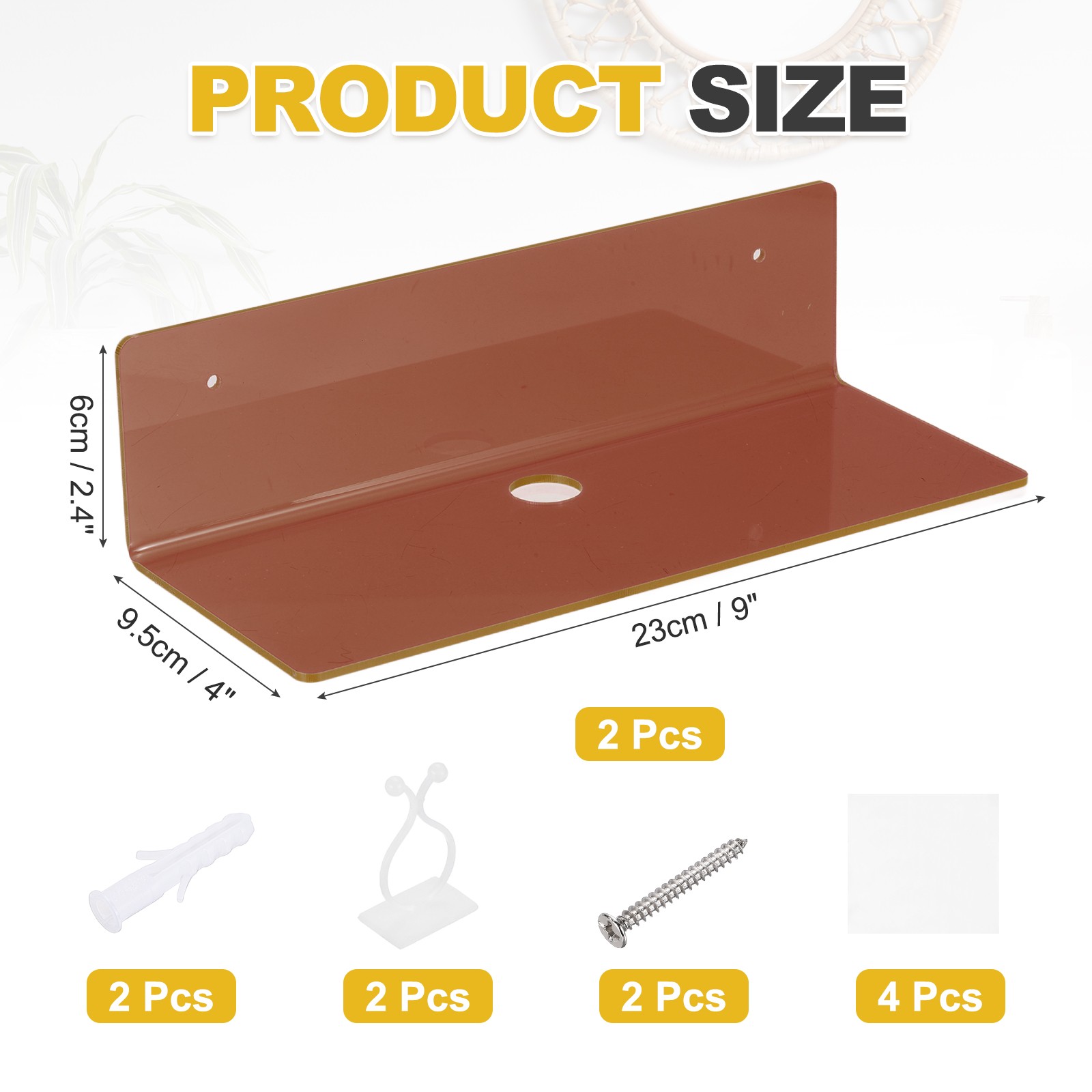 2 Pack Acrylic Shelves for Wall, 9 Inch Brown Floating Shelves Wall Mount