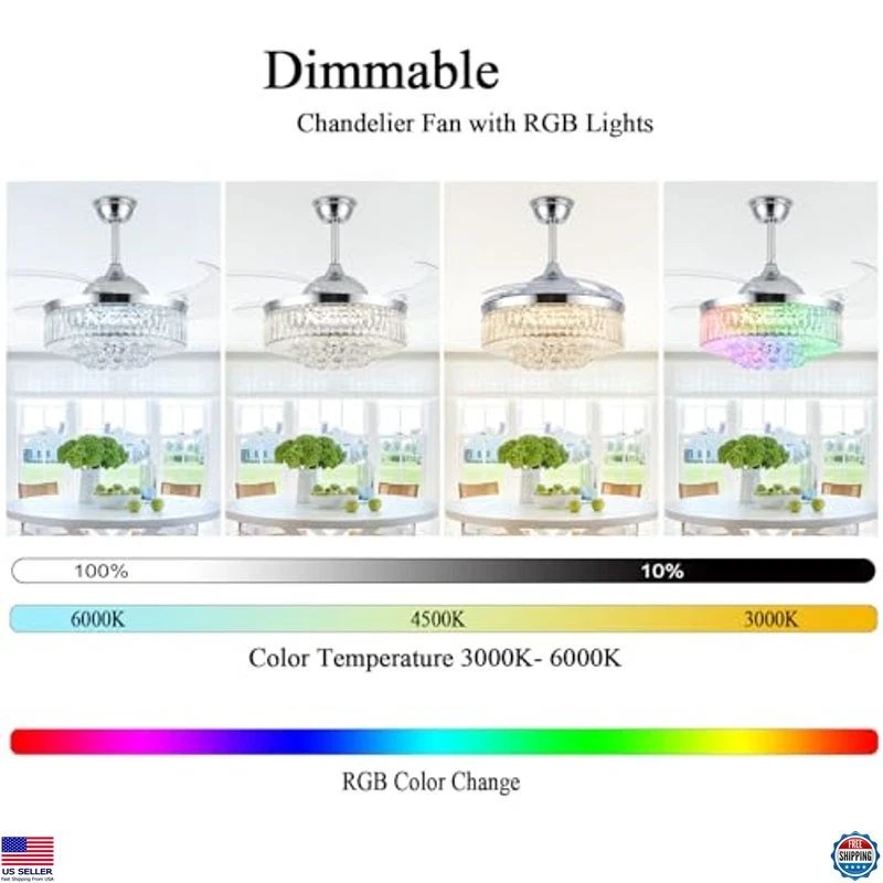 42" Crystal Chandelier Ceiling Fan with Remote, 6-Speed Retractable Blades - Image 4 of 4