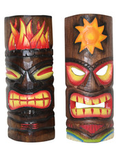 Set of 2 Hawaiian Tiki Masks Hand-Carved Wooden Polynesian Wall Decor 12" Tribal