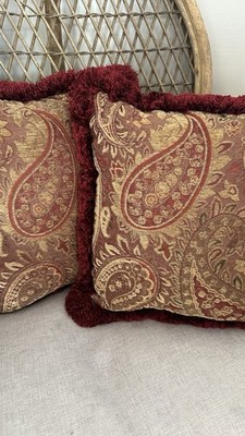 Set of 2 Sherry Kline Tapestry Paisley Fringe Throw 16  Pillow Red Gold PCHF USA
