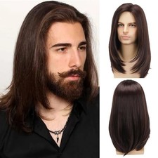 Long Brown Wig for Mens,Straight Hair Synthetic Heat Resistant Men Wigs for Dail