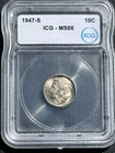 1947-S Roosevelt dime 90% Silver ICG graded MS66  Album Toned San Francisco