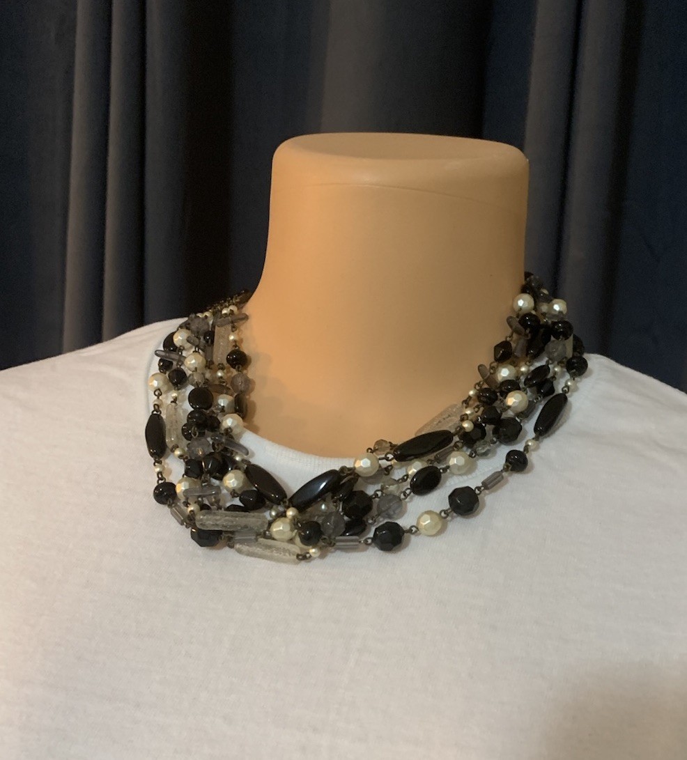 Black Gray Multi-Strand Statement Necklace – Bead… - image 1