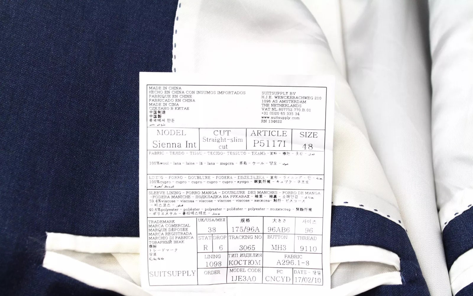 Suitsupply Sienna Men's Blazer UK38R Straight-Slim Blue Wool Super 130s image 6