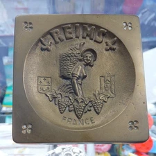 Reims France Brass Ashtray Coin Tray  Patent Depose Souvenir Lady With Basket