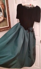 VTG 80s dress formal prom holiday midi velvet green taffeta rosette puff S EXC