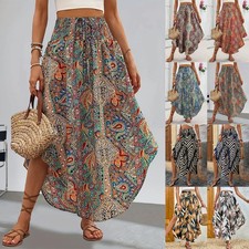 BOHO Women's High Elastic Waist Floral Skirts Long Summer Beach Holiday Dress UK