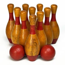 Vintage Turned Wood Red Stiped Skittle Bowling 10 Pin Set w/ 2 Balls