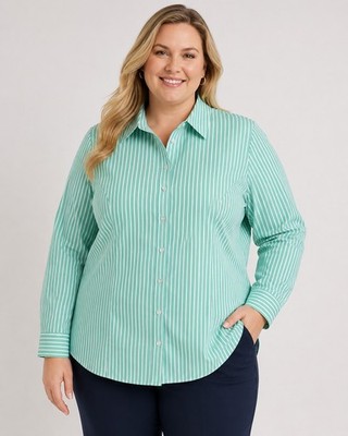 CJ Banks Womens 1X Button Front Shirt Green White Striped Wrinkle Resistant Plus