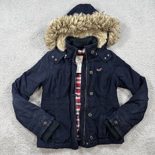 Hollister Vintage Y2K Navy Blue Jacket w/ Fur Hood Full Zip & Buttons - Size L