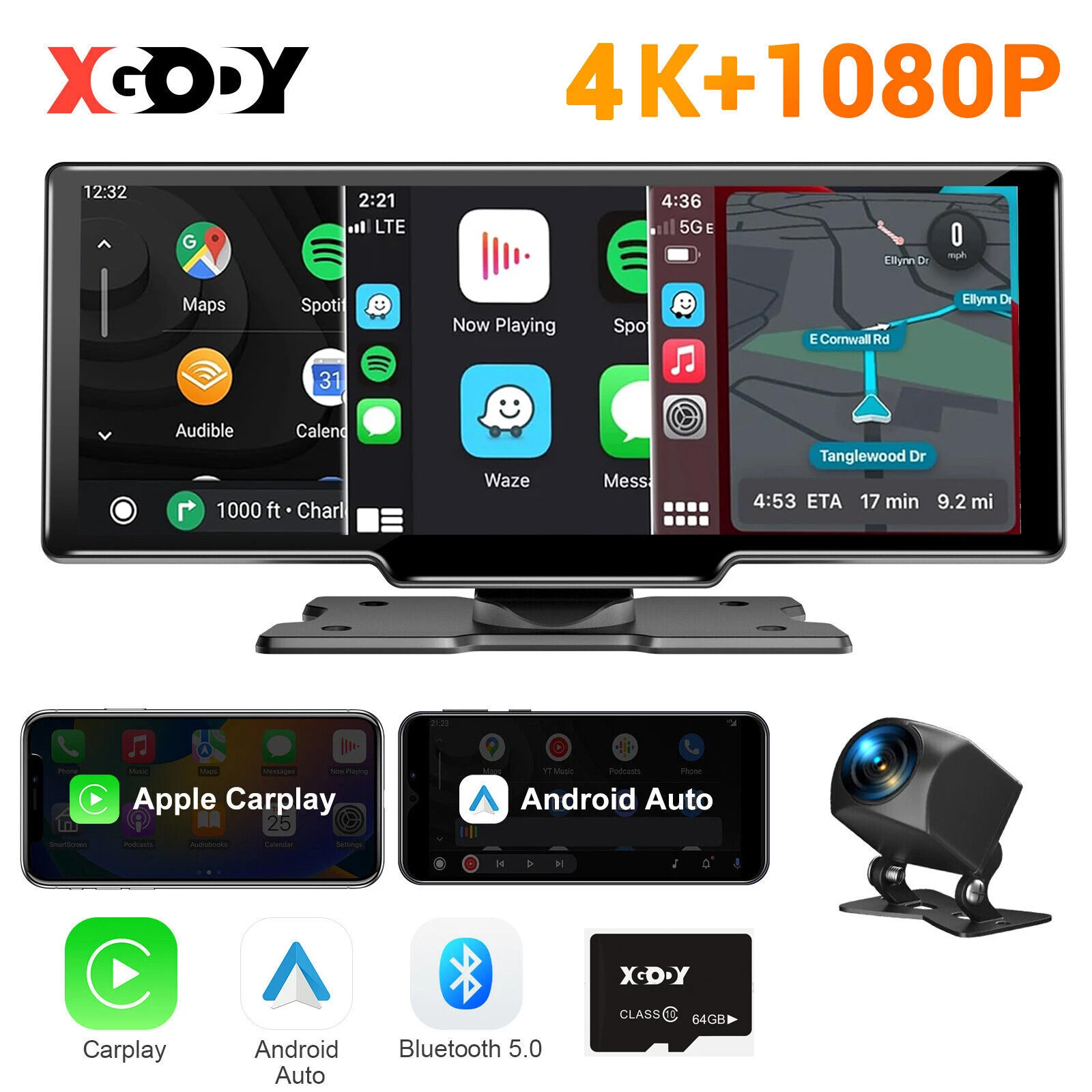 10.26" 4K Car DVR Wireless Carplay Portable Android Auto Stereo IPS Touch Screen