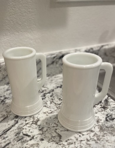 Vintage Set Of 2 White Handled Milk Glass Beer Mugs Cups