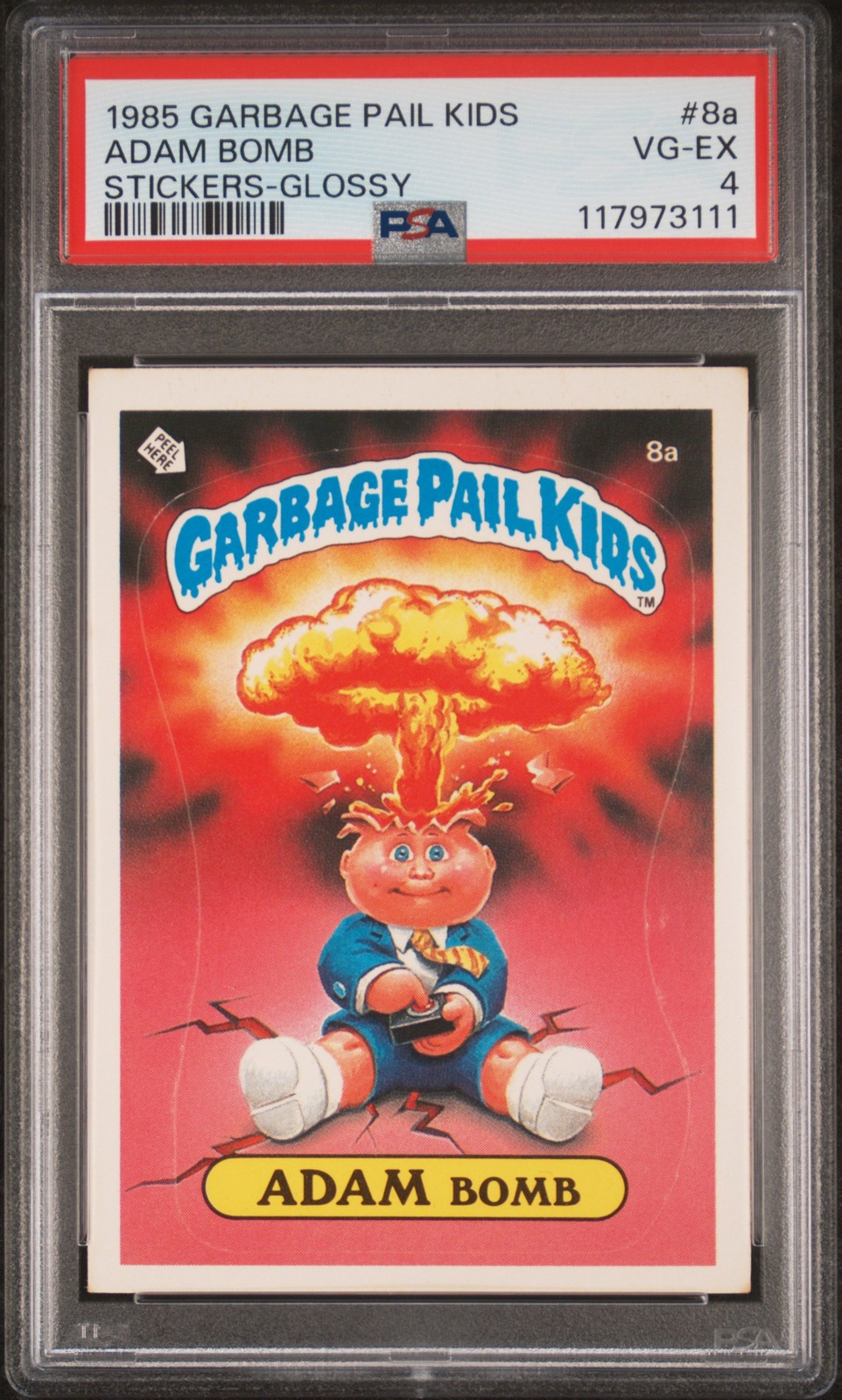 1985 Garbage Pail Kids Stickers #8a Adam Bomb Stickers-Glossy PSA 4 view 1