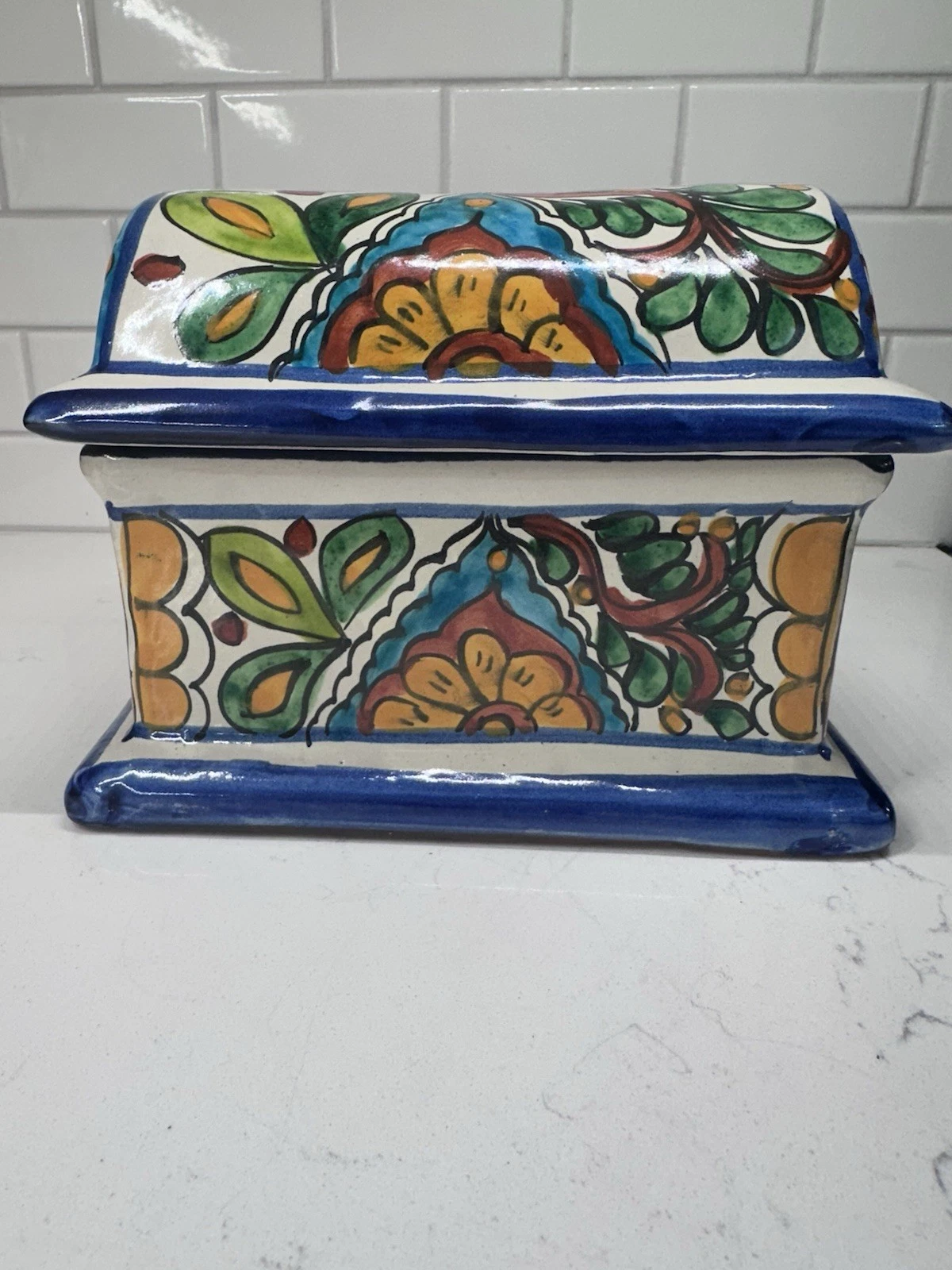 Talavera Hand Painted Mexican Pottery Trinket Recipe Box w/Lid Multicolor Floral