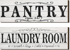 Jetec 2 Pcs Pantry Sign Wooden Laundry Room Signs Wall Decor Farmhouse White