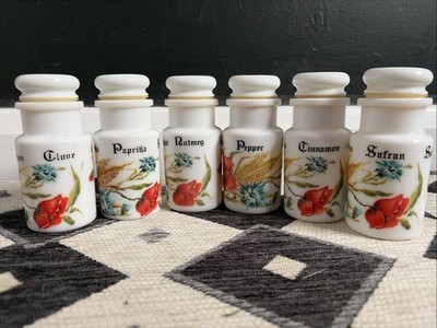 Vintage Opalex Milchglas Französische Kräuter und Gewürze Gläser Behälter 6er Set