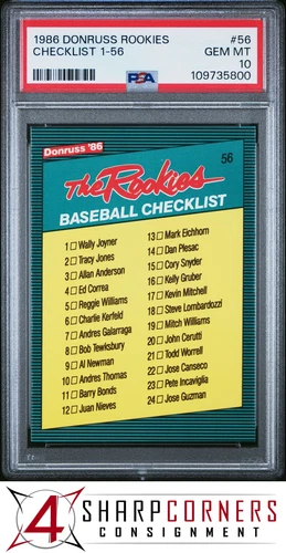 1986 DONRUSS ROOKIES #56 BASEBALL CHECKLIST W/ BARRY BONDS PSA 10