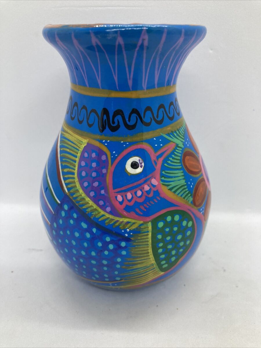 Vintage Mexican Pottery Vase Bird & Flower Mexico Folk Art 5 Vintage Mexican Pottery Vase Bird & Flower Mexico Folk Art 5