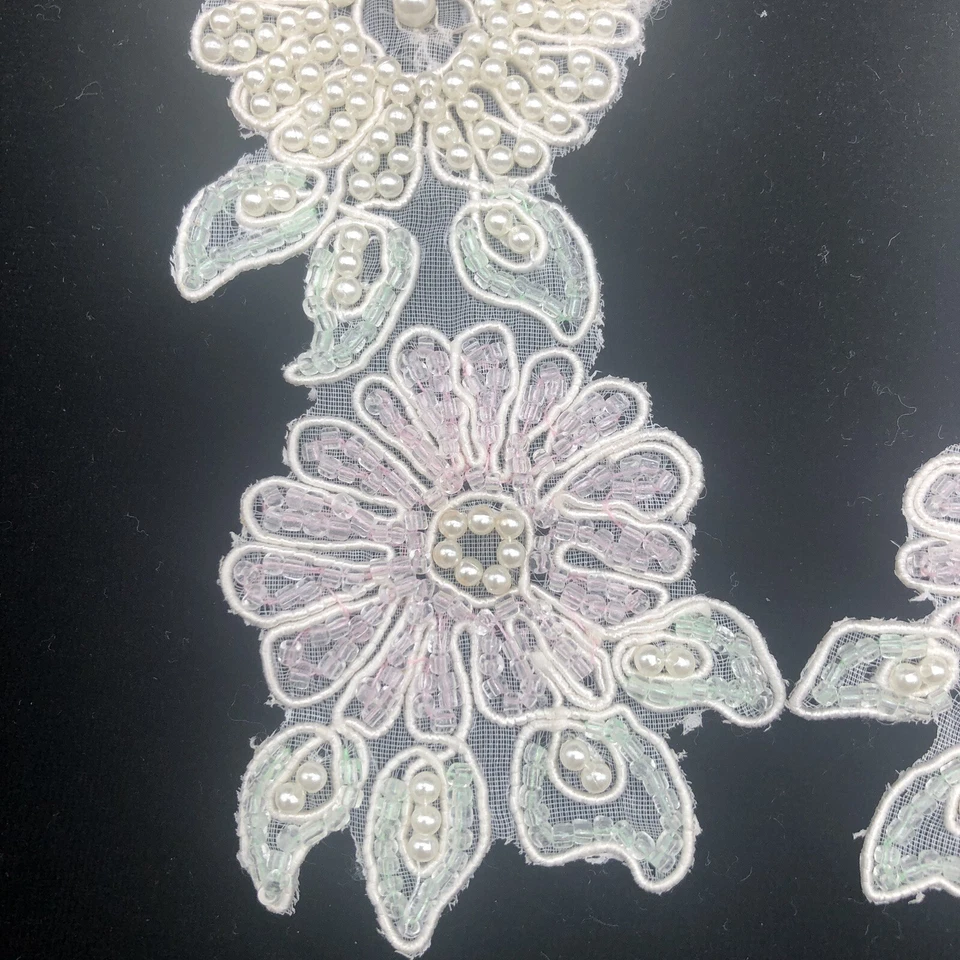 Apliques de cuentas florales combinados vintage de 2 piezas 7" x 2" rosa verde blanco con perlas Foto 3 de 4