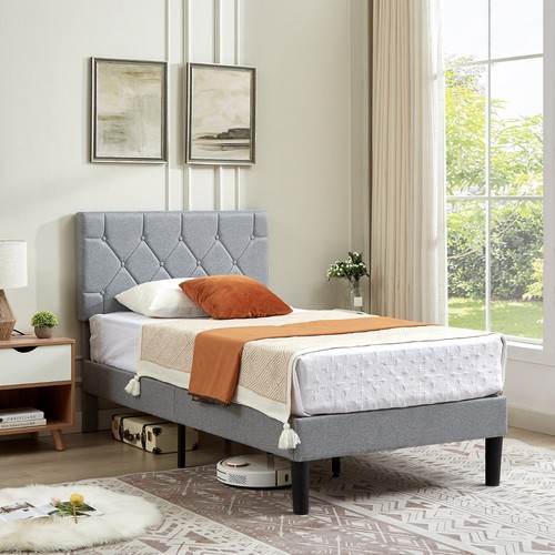 Twin/Full/Queen Bed Frame with Upholstered Adjustable Diamond Tufted Headboard - Picture 8 of 34