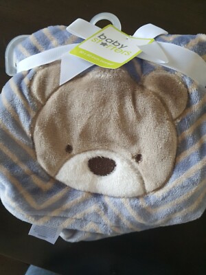 Baby Starters NWT Teddy Bear Face Baby Blanket Chevron Zig Zag Stripes Blue Tan