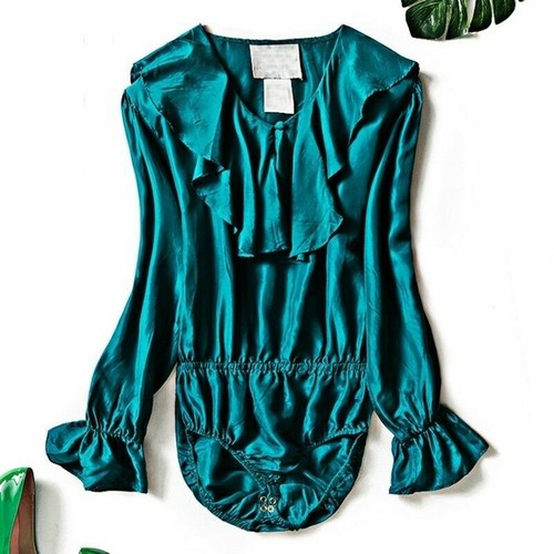 Sexy Damen Satin Seide Shirt Body Overall Rüsche Rüsche Kragen Langarm Top - Bild 2 von 9