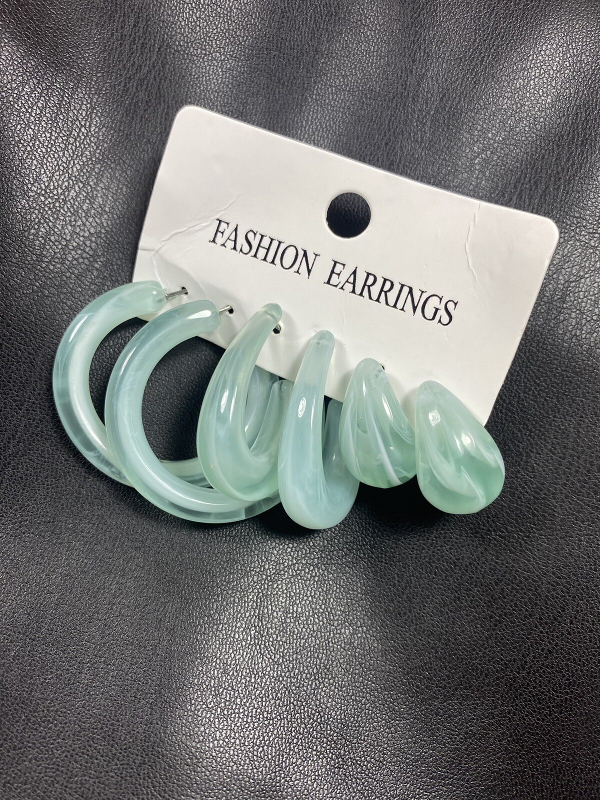 3 Pair Seafoam Green Plastic Hoop Drop Earrings with Metal Posts