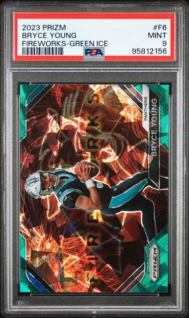 2023 PANINI PRIZM FIREWORKS GREEN ICE PRIZM #F6 BRYCE YOUNG ROOKIE RC PSA 9