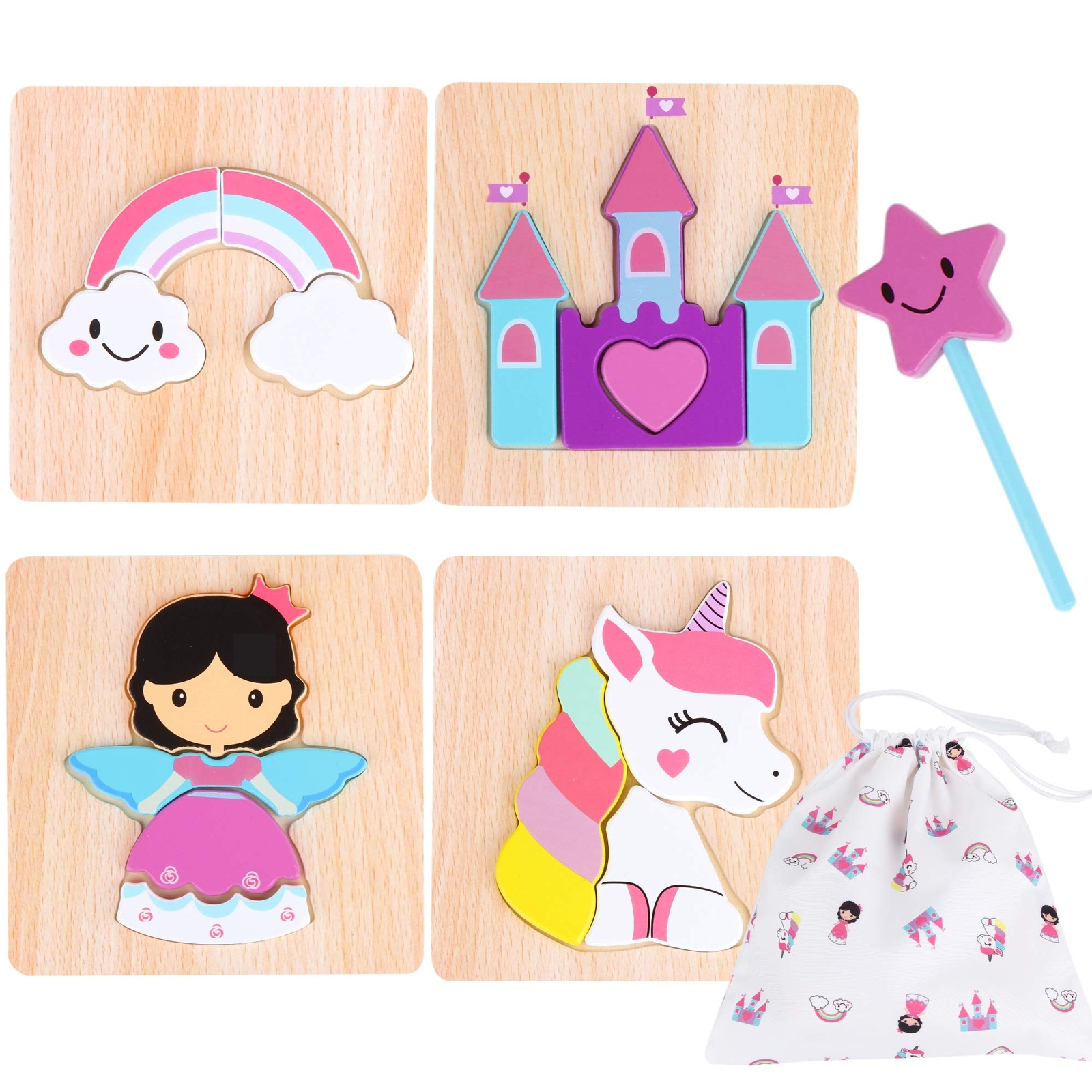 Princess Jigsaw Puzzle and Wand Set - Storage Bag Included - Rainbow, Unicorn...