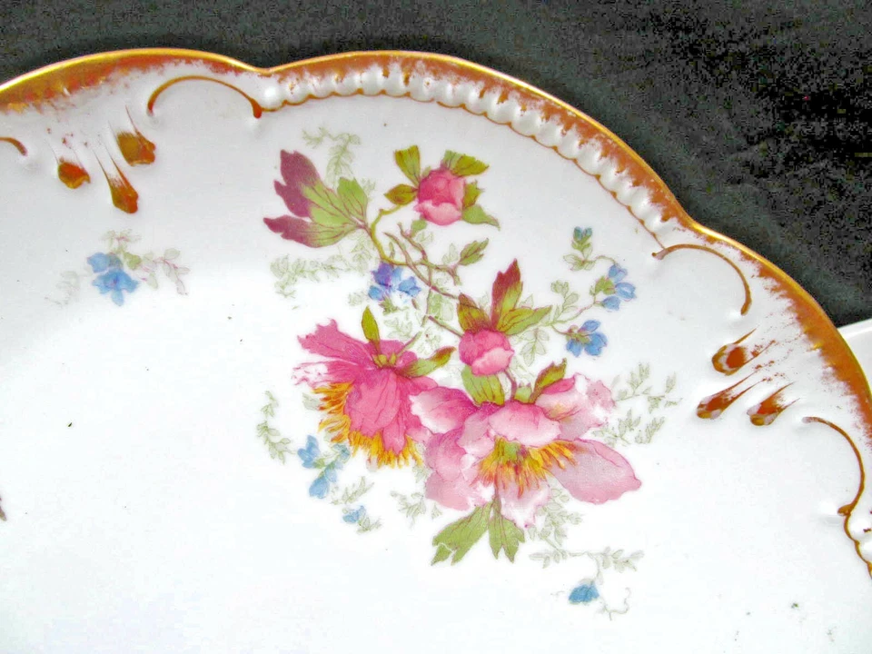 AK LIMOGES FRANCIA Cargador Grande Rosa Rosas y Flores Años 20 Plato Dorado Dorado Dorado Foto 4 de 4