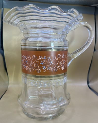 Victorian Hand-Blown Glass Pitcher /Enamel Dots And Swirls Painting