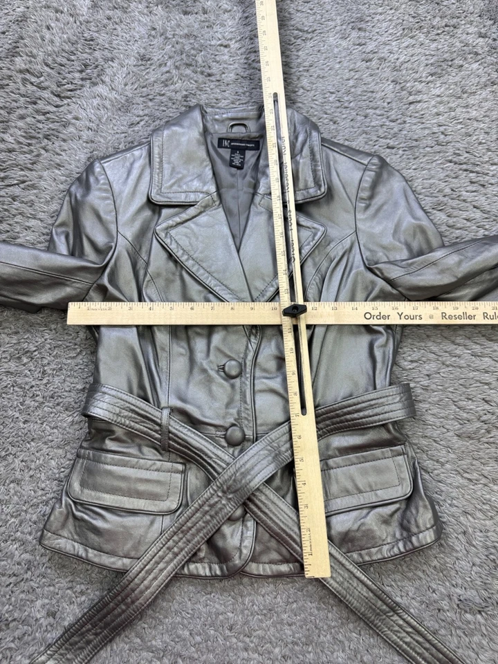INC International Concepts Leather Jacket Women Small Silver Belted Vented Coat - Image 4 of 4