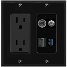 3.5mm COAX HD USB-3 Port Wall Plate Black w Power Outlet