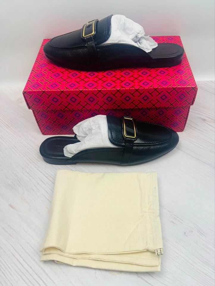 Tory Burch Nuevo en Caja $298 Georgia Mocasín Sin Espalda Pisos Mules Negro Dorado Logo Talla 10