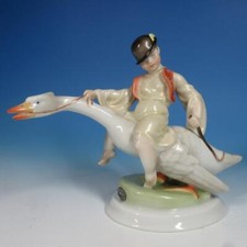 Herend hungary Porcelain Figurine - Large Boy Riding Goose - 10 inches
