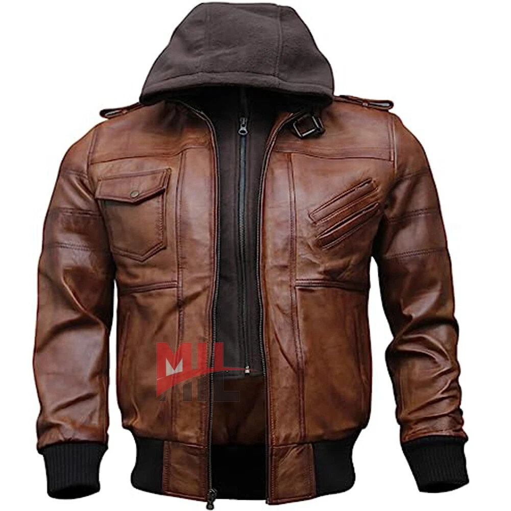 Handmade Men's Brown Color Genuine Leather Fashion Jacket With Removable Hoodie