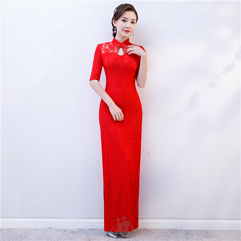 Chinese Traditional Lace Qipao Women Summer Long Cheongsam Red Wedding Dress  | eBay