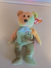 RARE Ty Beanie Baby: Peace Bear 1996 - Multicolor/ Tag Errors Peace Rare Mint